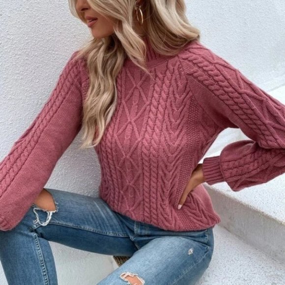 PINK Mock Neck Cable Knit Raglan Sleeve Sweater - Picture 4 of 6